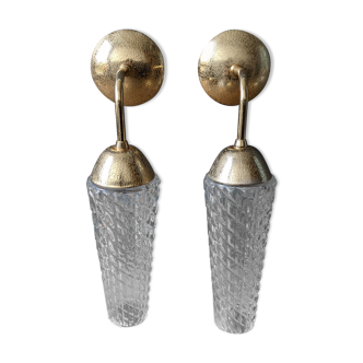 Old pair of vintage wall lamps gold metal and glass