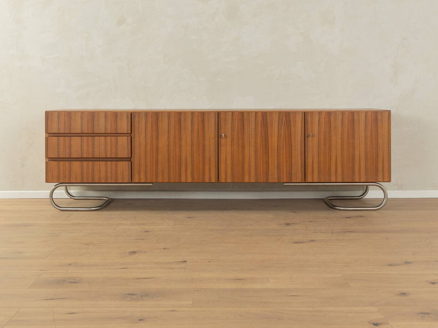 Classic sideboard from the 1960s, walnut veneer, Bauhaus stainless steel feet