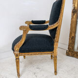 Pair of 19th century Louis XVI gilt armchairs newly re upholstered in holland and sherry fabric
