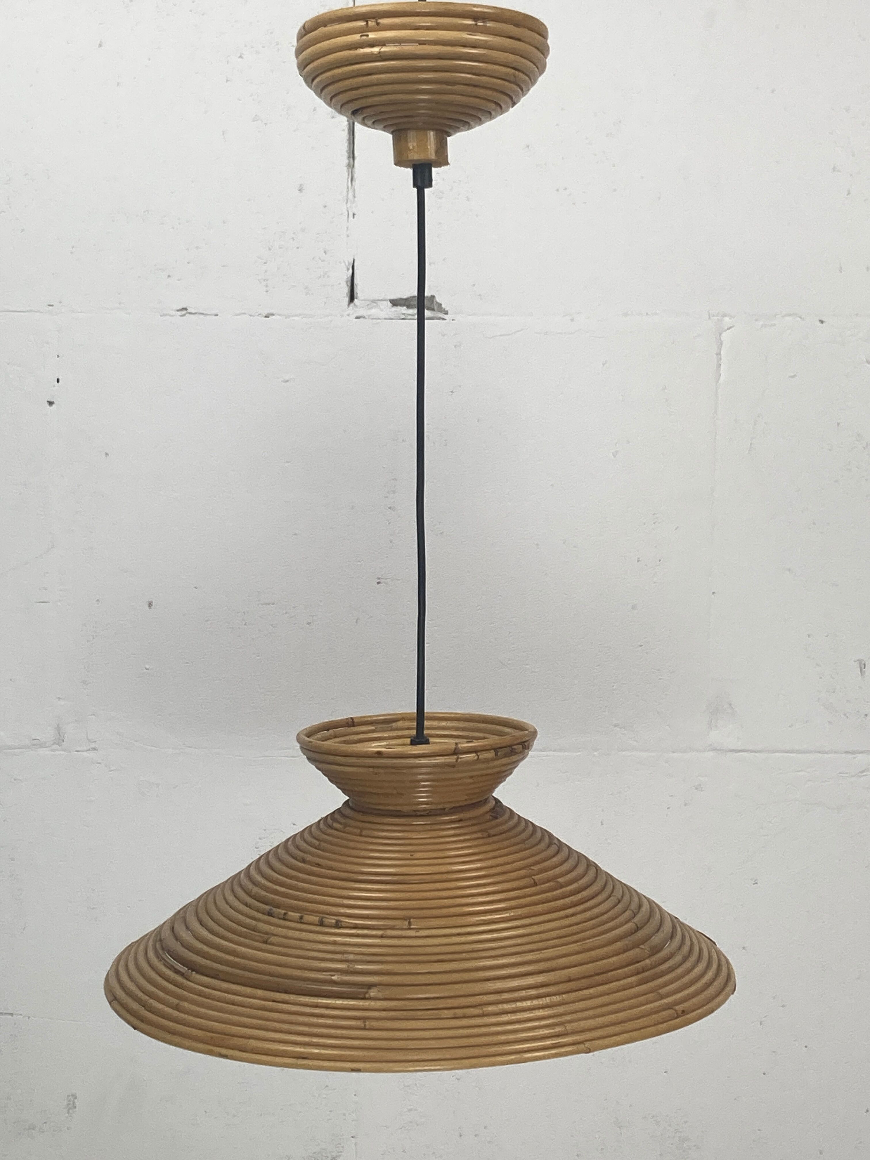 Pencil Split Reed Rattan Bamboo Pendant Lamp, Italy 1970s