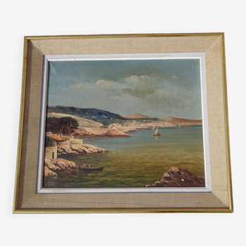 Ancienne huile sur toile, bord de mer, 55 x46 cm, signée Alberti