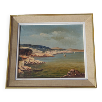 Ancienne huile sur toile, bord de mer, 55 x46 cm, signée Alberti