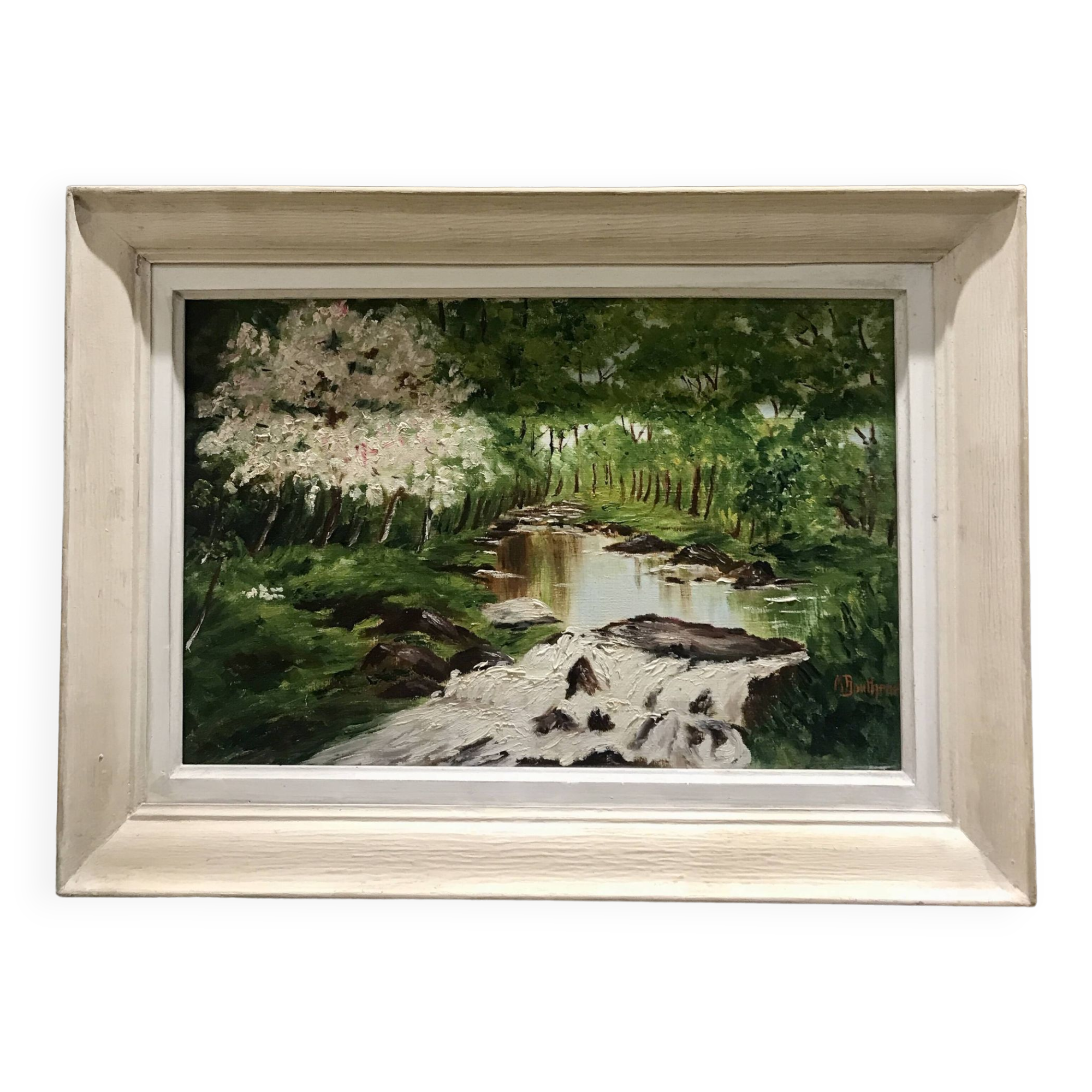 Oil on canvas river in grove