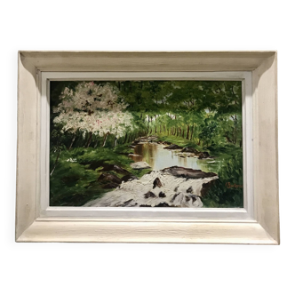 Oil on canvas river in grove