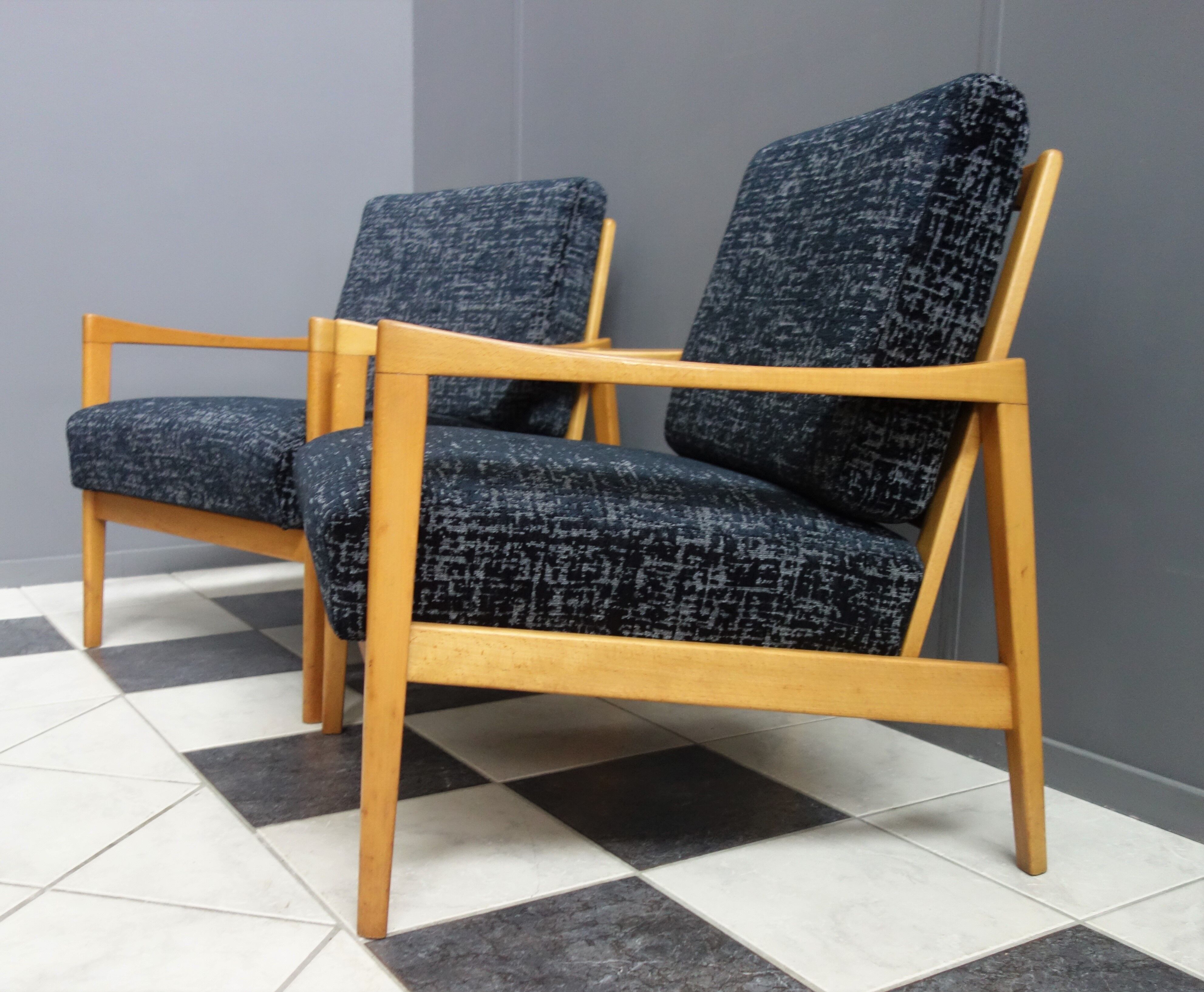 Black velvet-like fabric chairs in beech frame 1960s