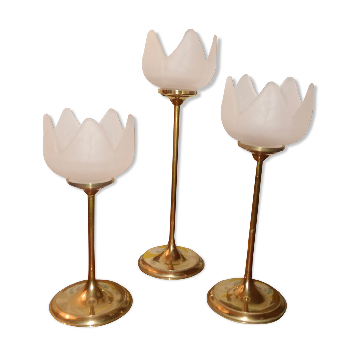 Lot of 3 candlesticks glass paste and brass