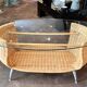 Rattan coffee table, glass top, metal legs, France, 1980