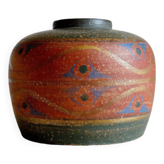 Gros vase terre cuite peinte boho/ethnique vintage