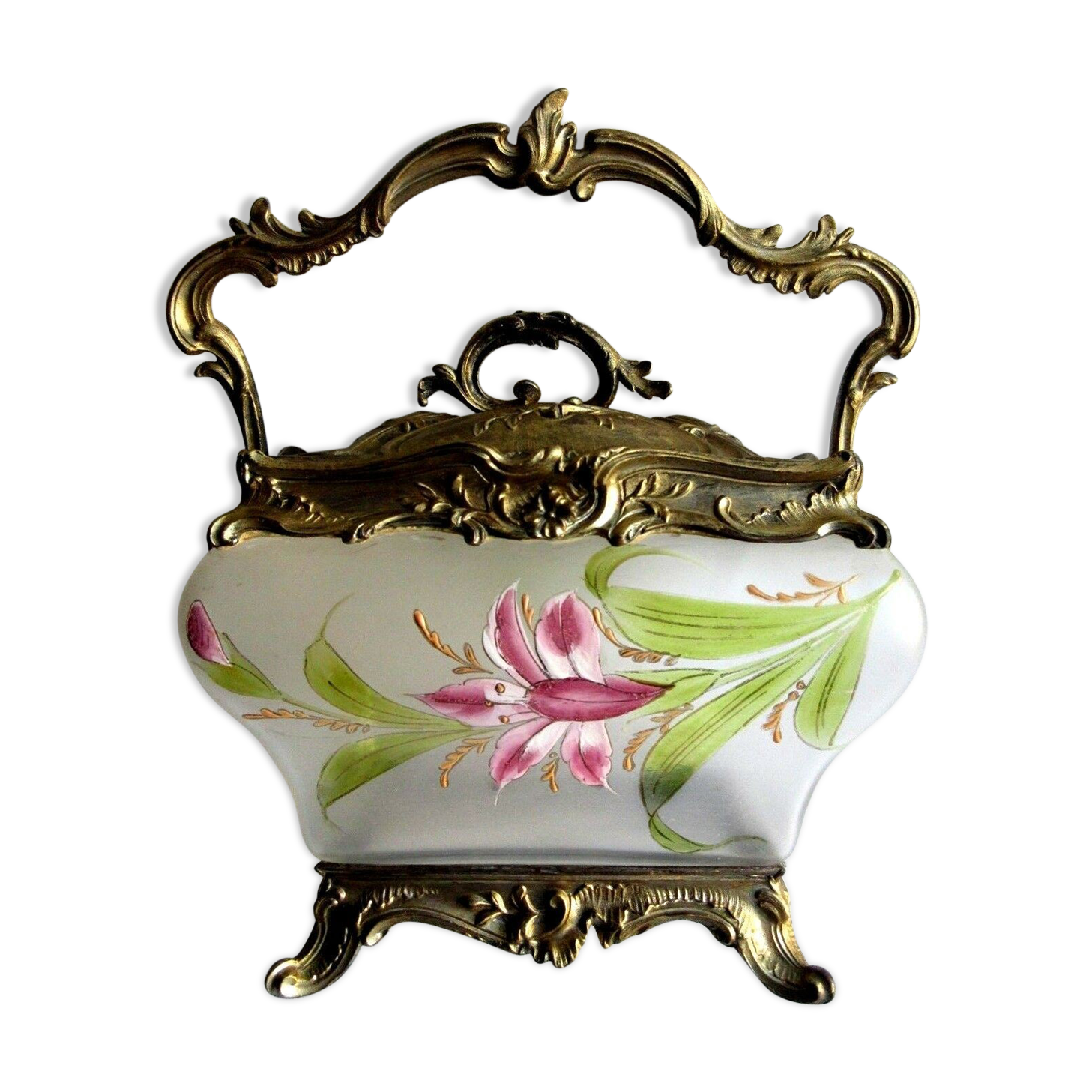 Le lys rose seau verre émaillé LEGRAS Pot à biscuits sur pied Louis XVI 