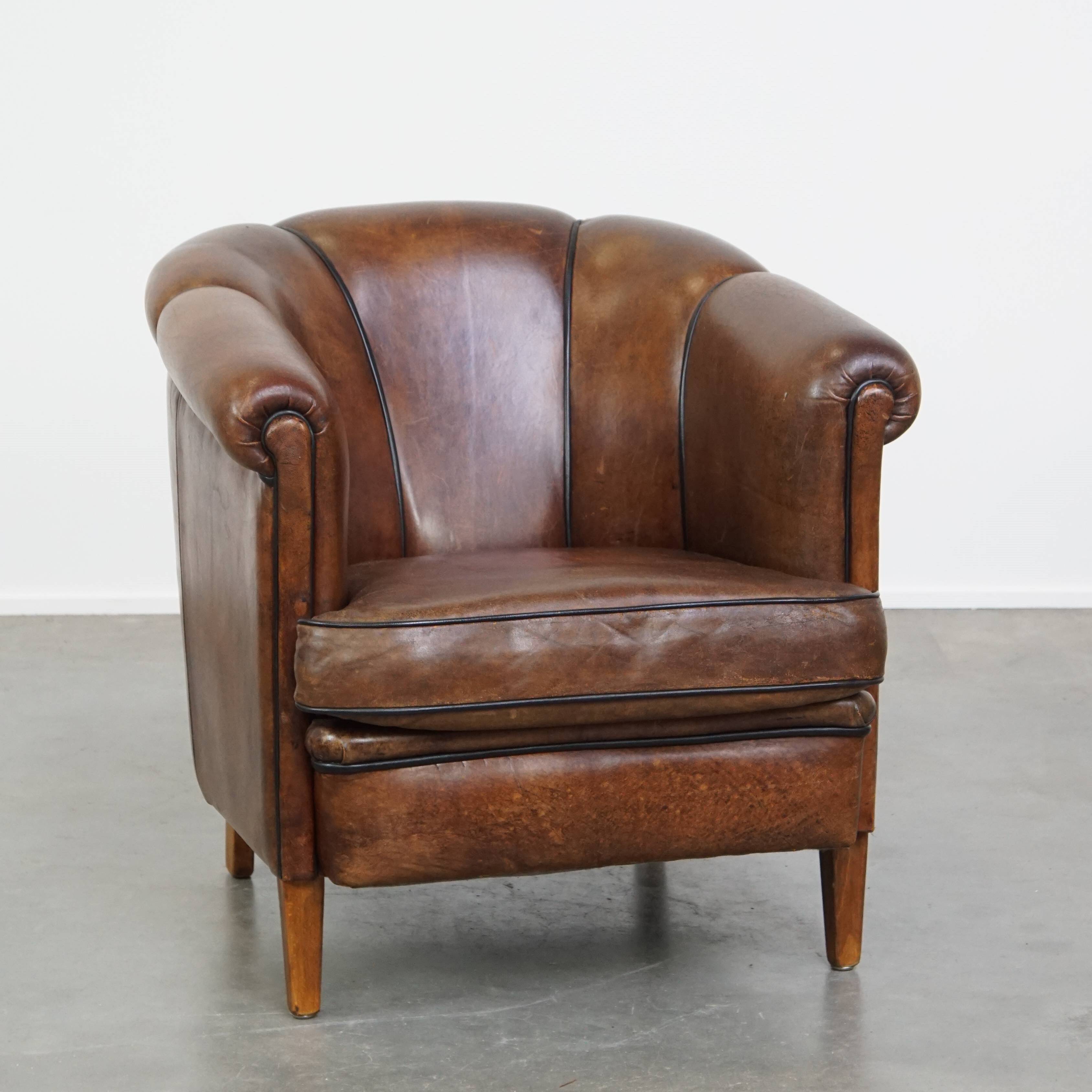 Dark Sheepskin Leather Club Chair with Black Piping