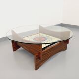 Vintage 60s-70s round coffee table with 2 shelves in glass and rosewood