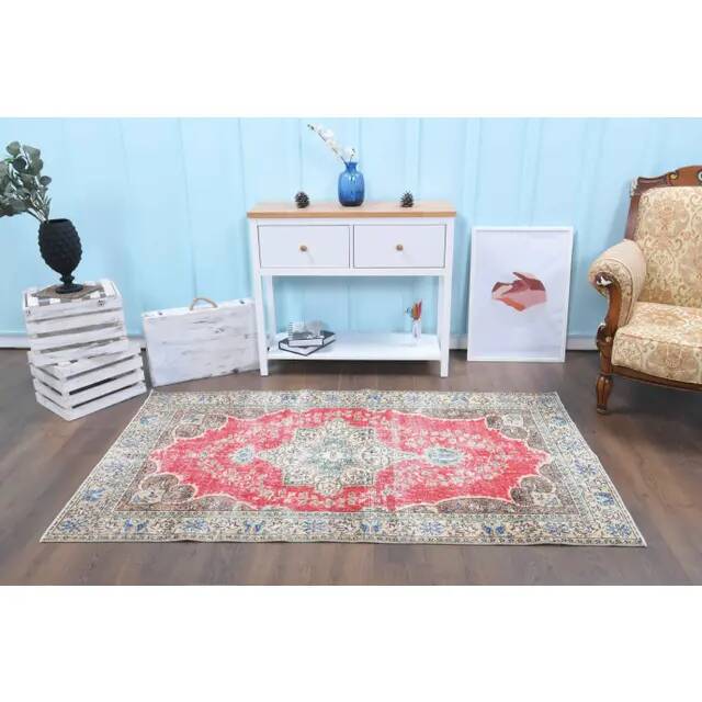 Vintage Turkish Oushak Handmade Wool Cotton Red Area Rug  111x199