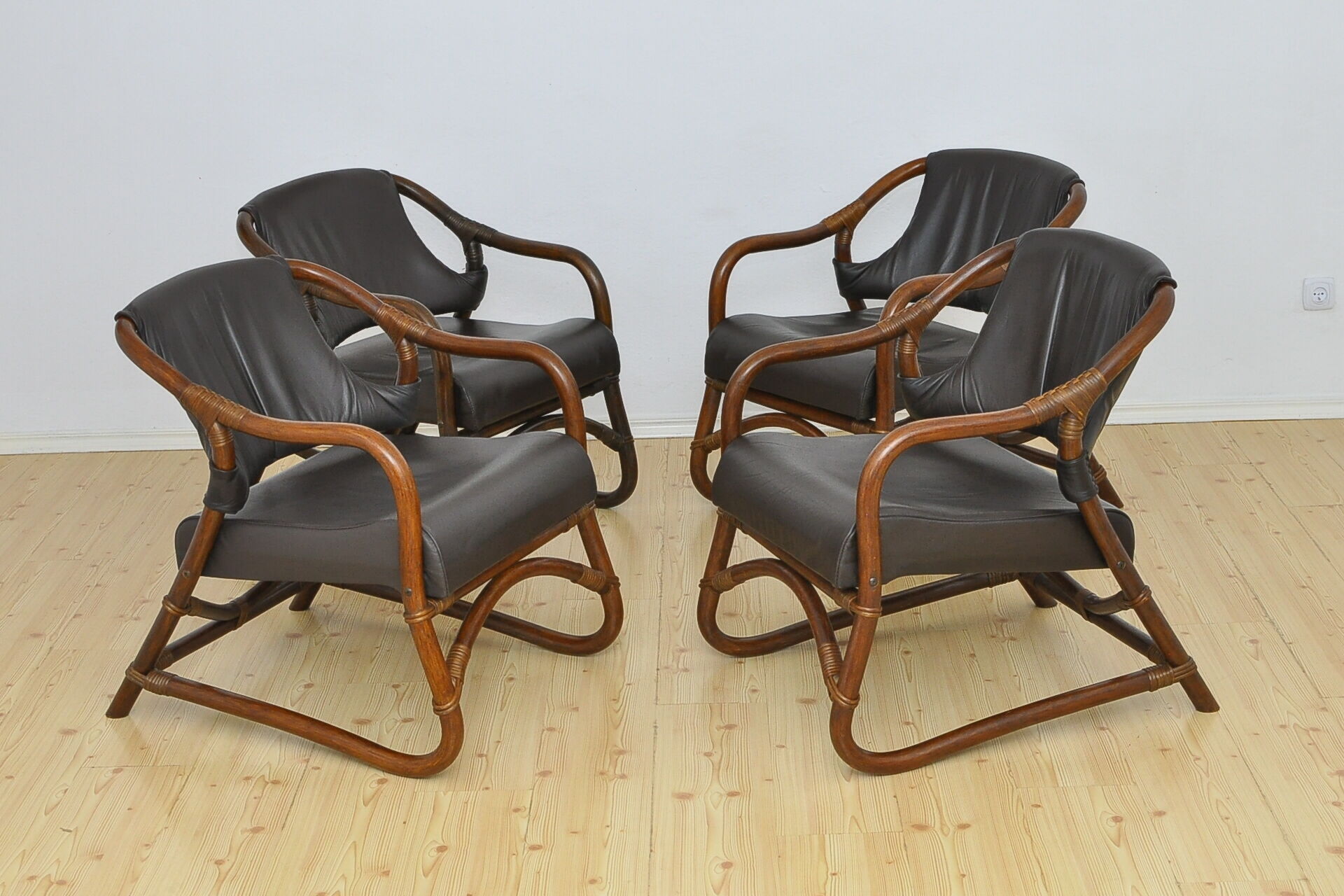 Set of bamboo armchairs with leather seats, 1970s