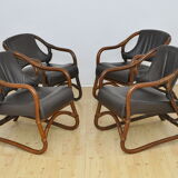Ensemble de fauteuils en bambou avec sièges en cuir années 1970