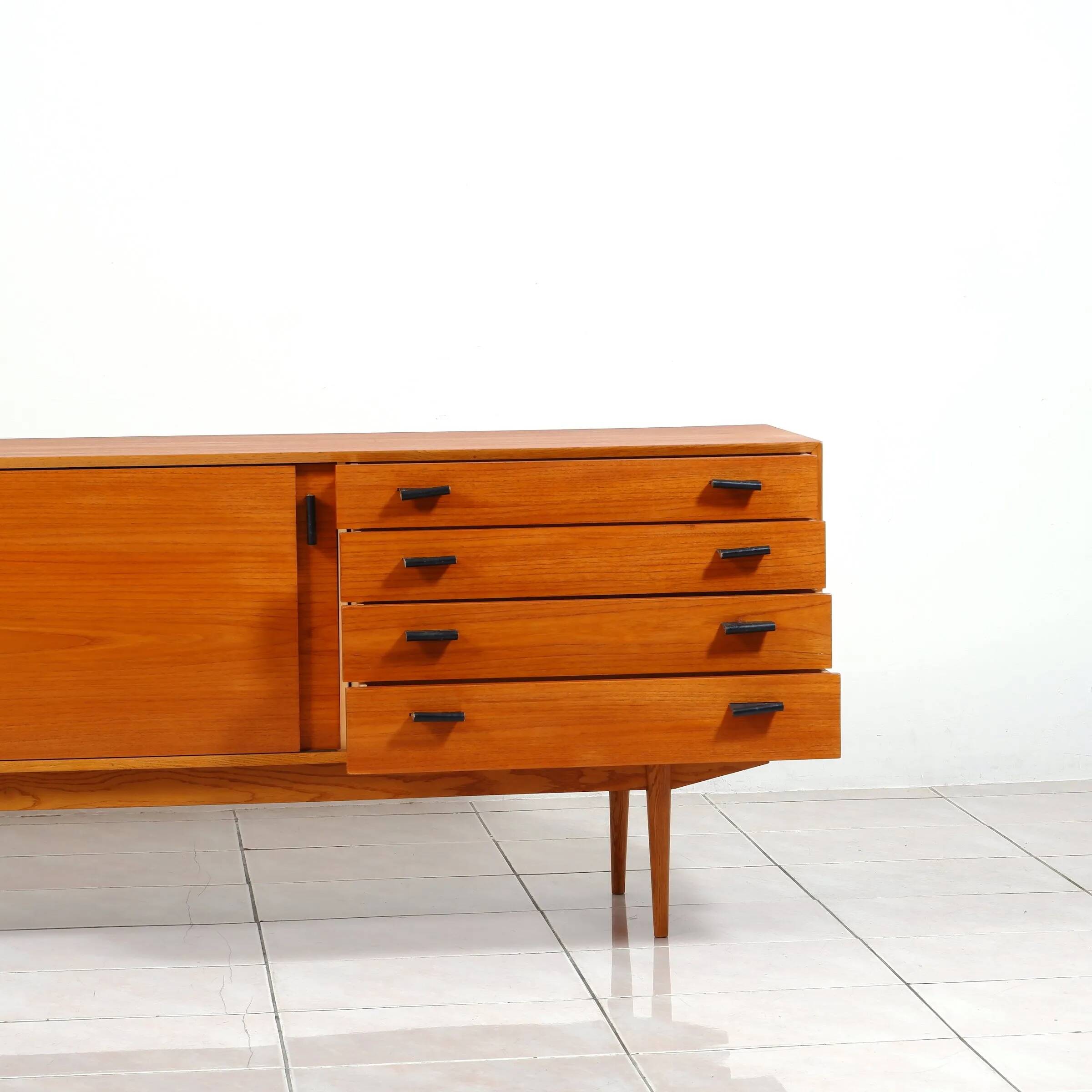 Swedish teak sideboard with leather handles