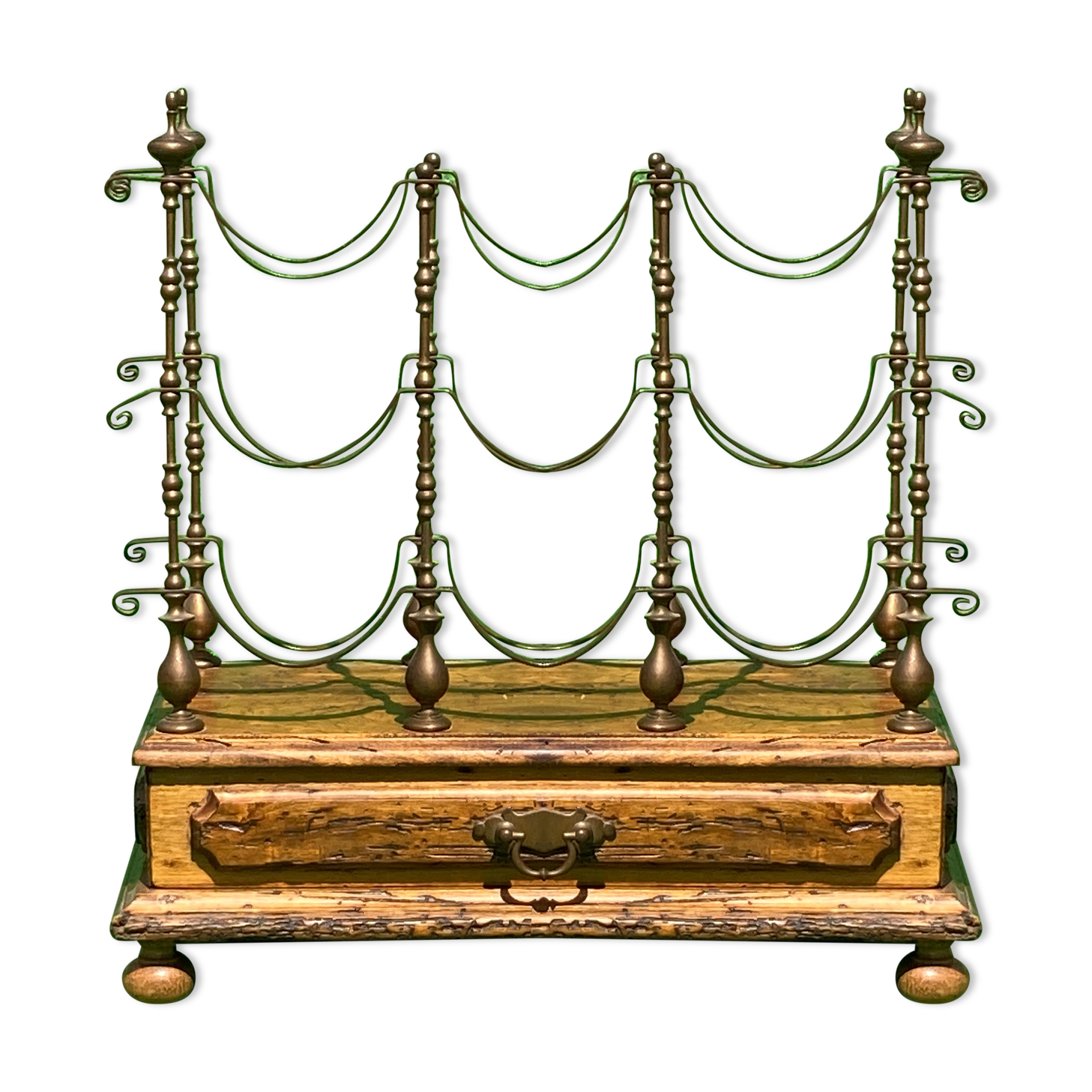 1950s Italian brass and wood wine rack with drawer