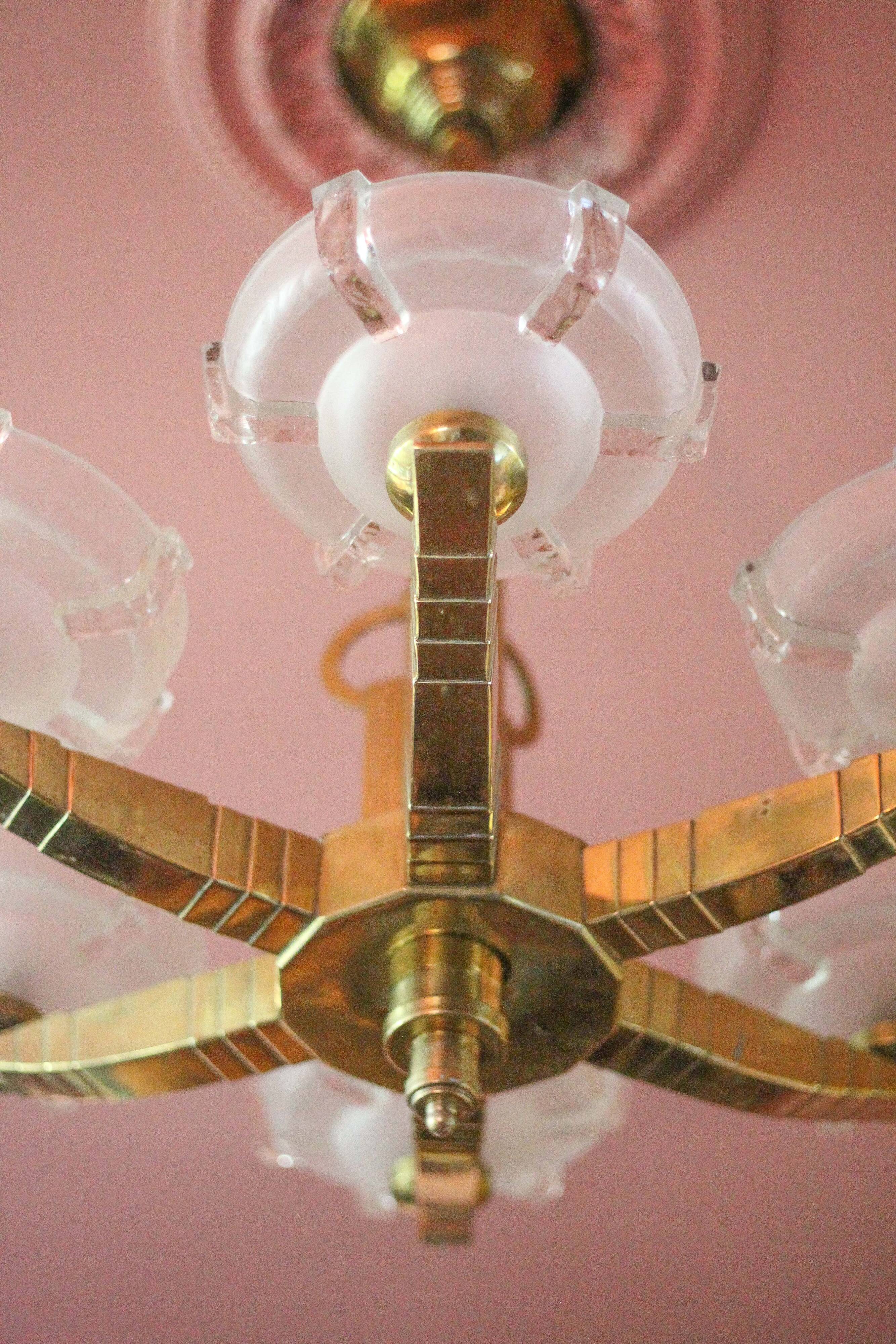 art deco suspension, 6-light Ezan glass globe chandelier, art deco bronze chandelier