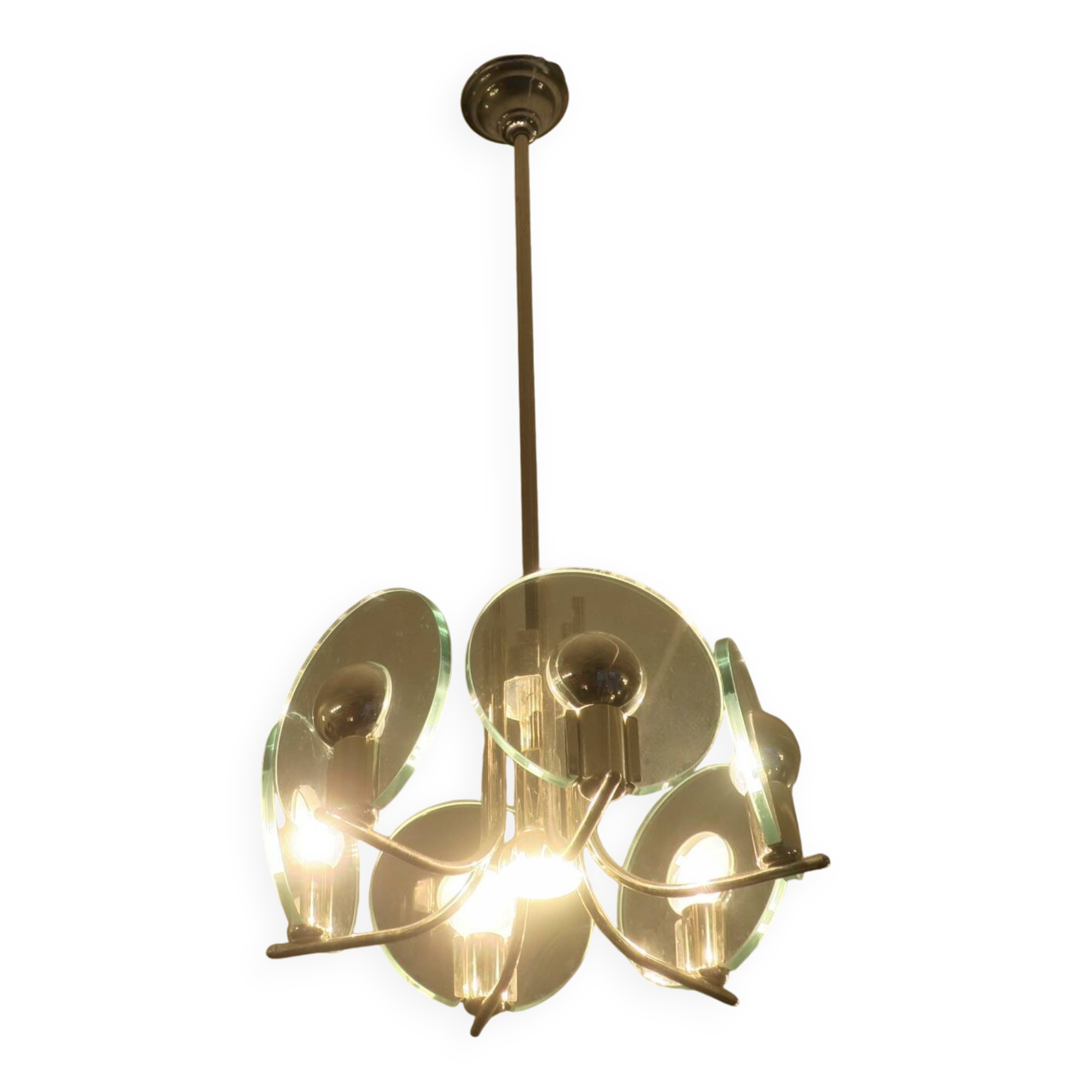 Silver plated chandelier with six crystal glass discs, Italy 1960s