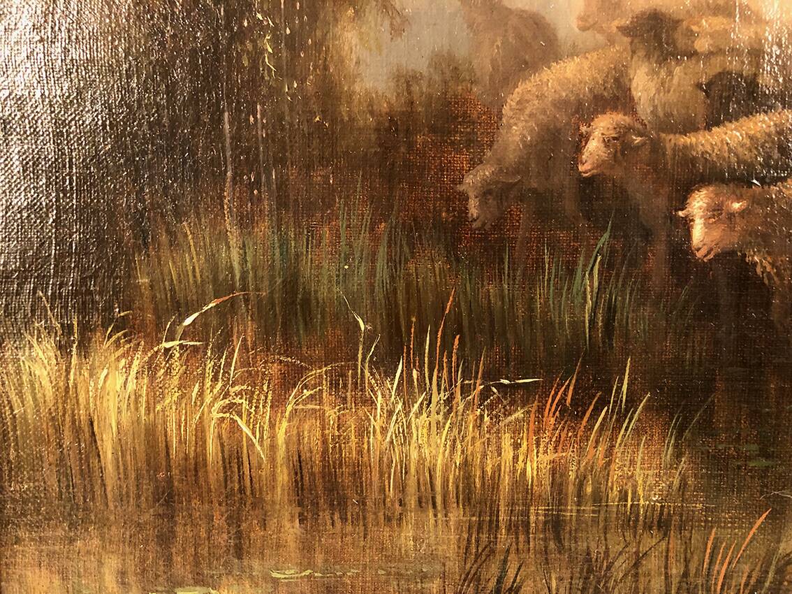 Prosper Ferey, large oil on canvas, “Shepherdess and her flock” mid-19th century