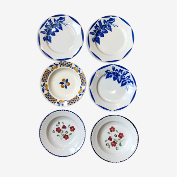 Lot de 6 assiettes dépareillées en porcelaine française peintes à la main