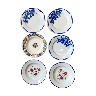 Lot de 6 assiettes dépareillées en porcelaine française peintes à la main