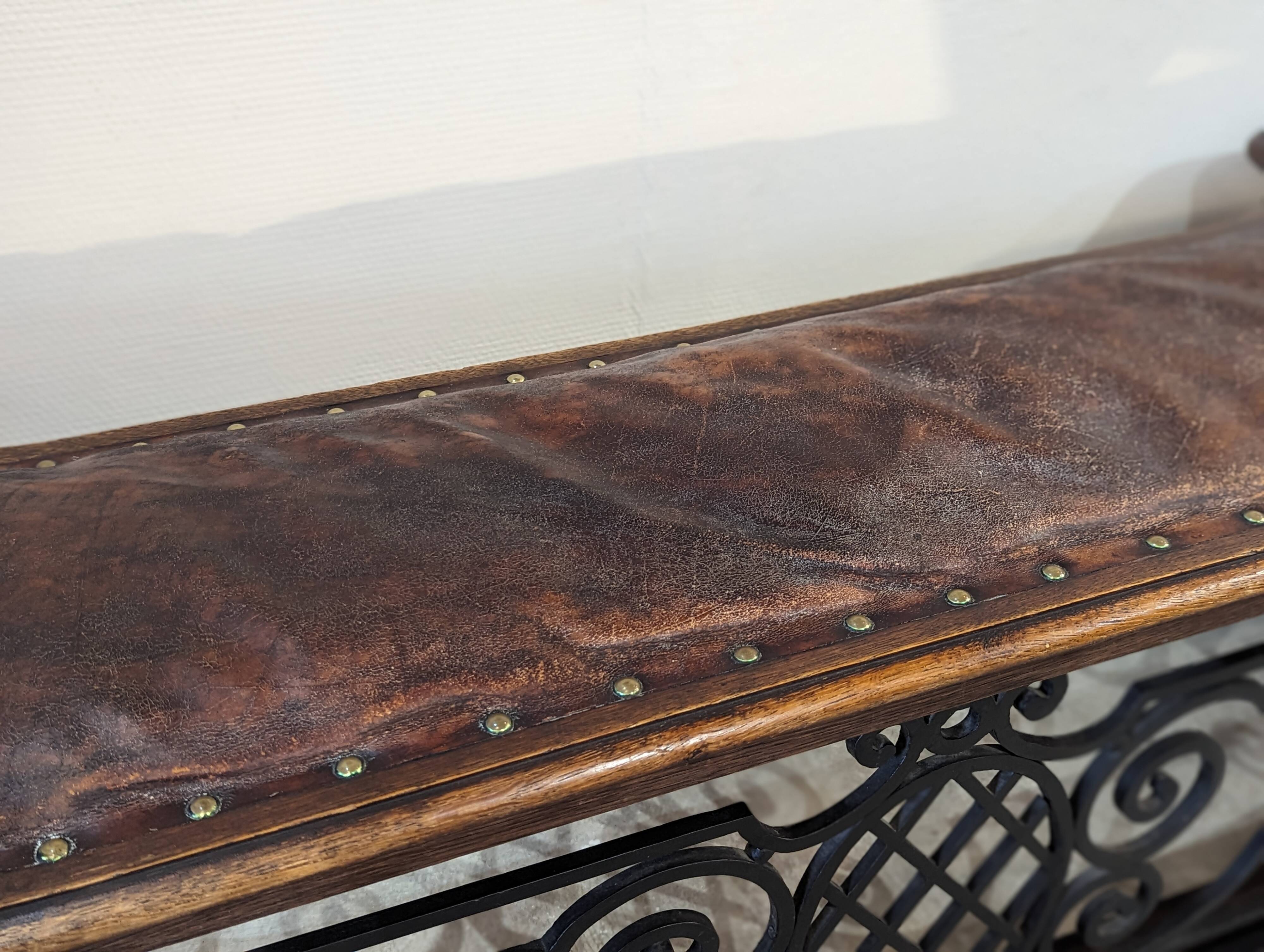 Old fireplace bench, wrought iron leather and oak