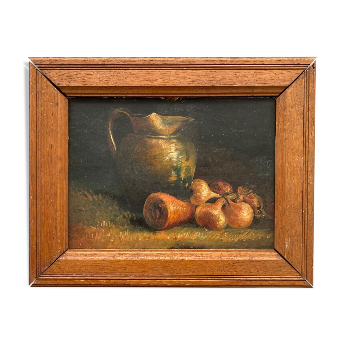 Oil on cardboard still life with pitcher and onions early twentieth century