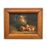 Oil on cardboard still life with pitcher and onions early twentieth century