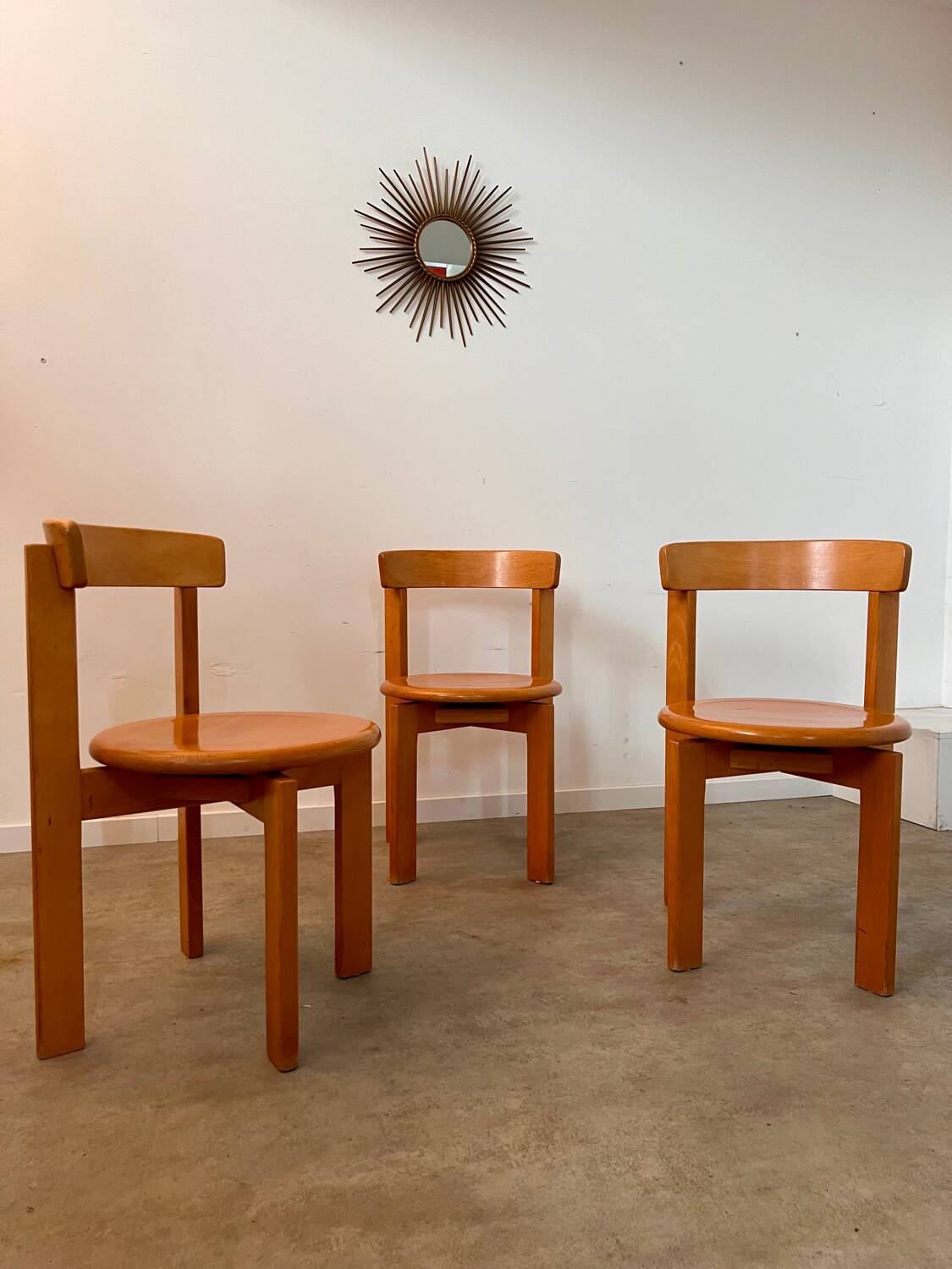Set of 3 solid beech wood chairs, vintage 70s design