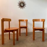 Set of 3 solid beech wood chairs, vintage 70s design