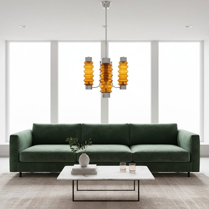 Mid Century Modern large chandelier with amber glass