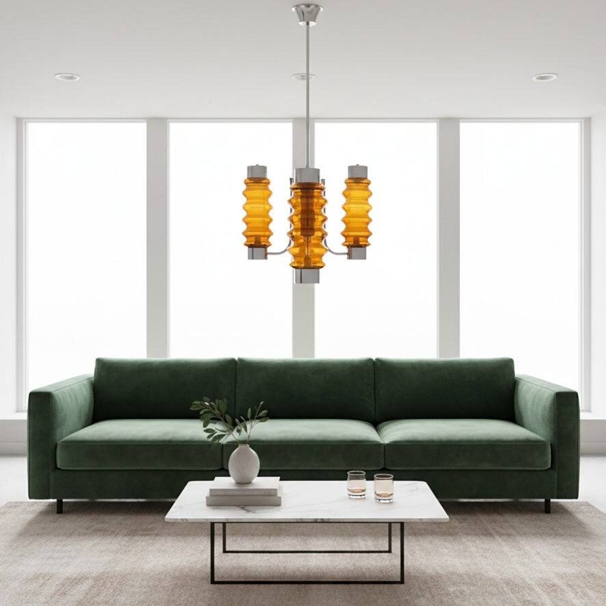 Mid Century Modern large chandelier with amber glass