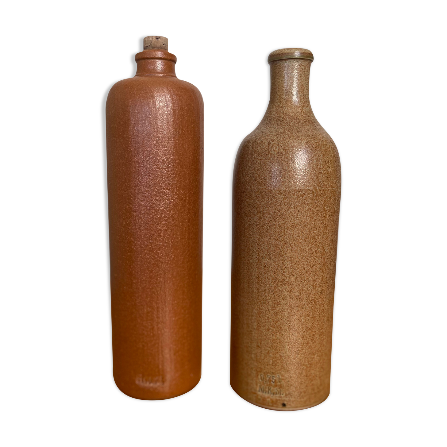 Set of two bottles in glazed stoneware M.K.M vintage brown ochre