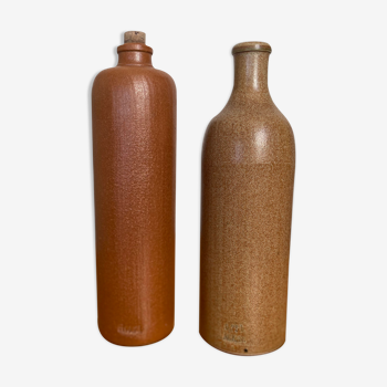 Set of two bottles in glazed stoneware M.K.M vintage brown ochre