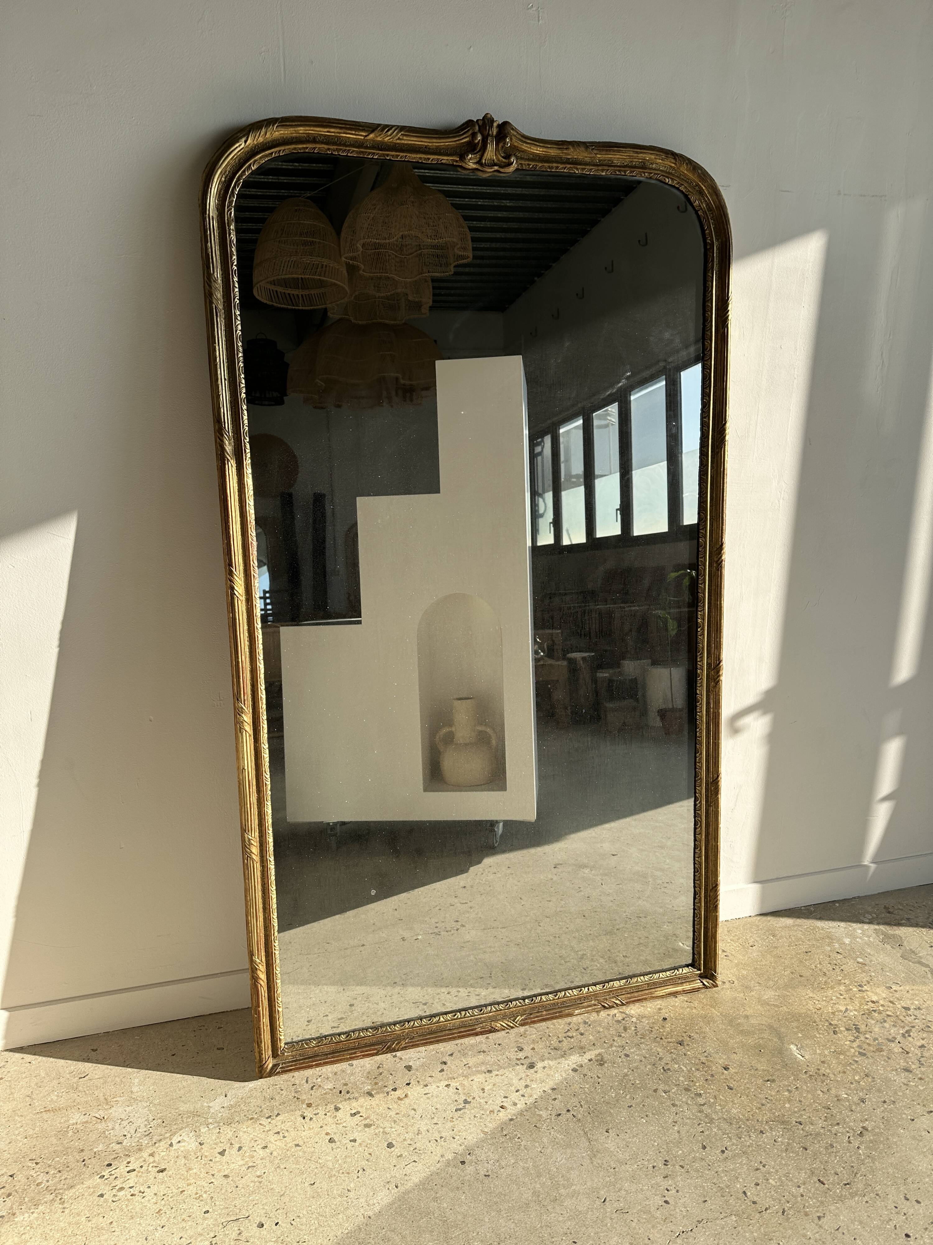 Large gilded mirror 19th century rounded corners mercury glass Louis XVI style