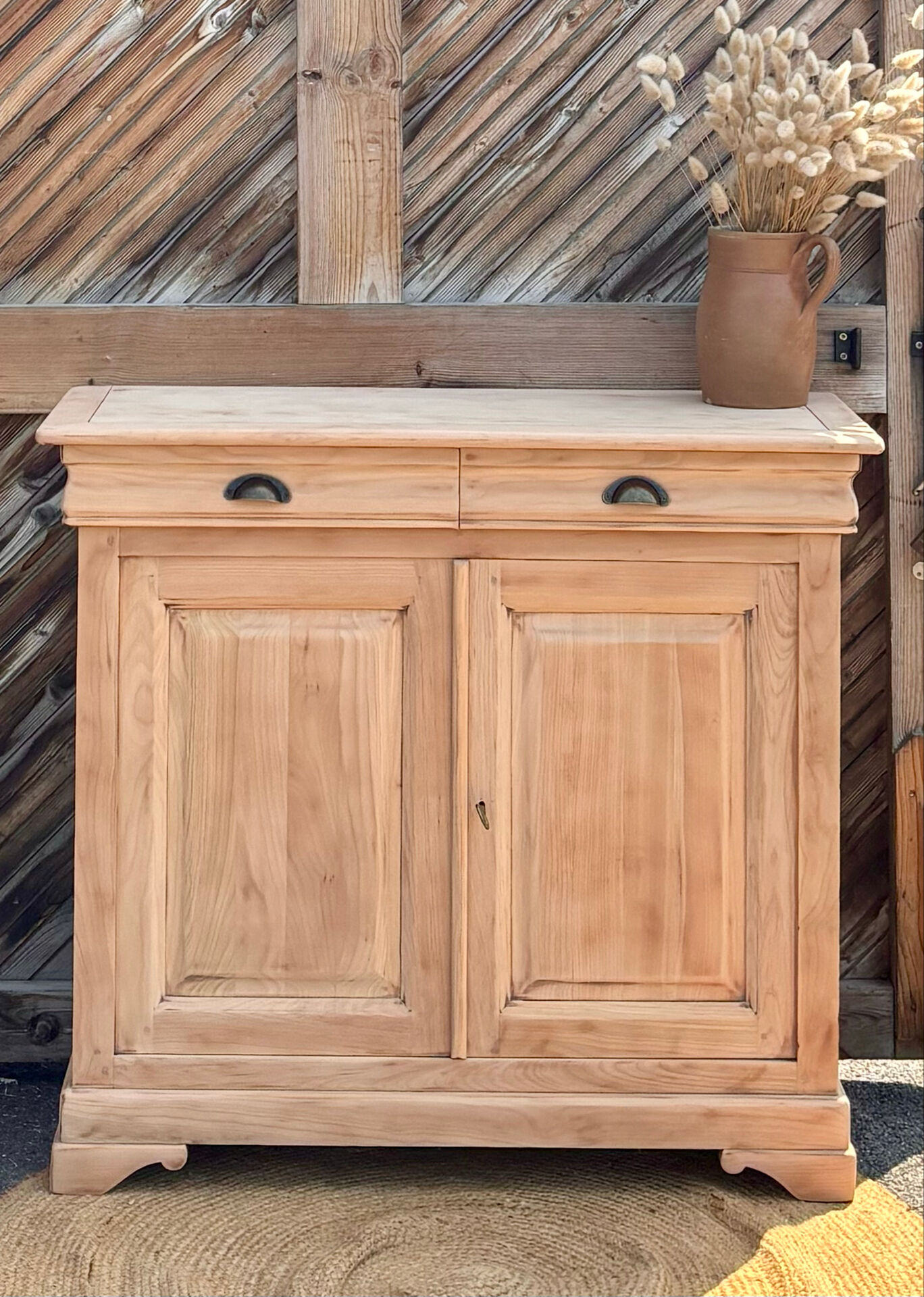 Narrow buffet renovated in raw solid wood / entrance console with 2 drawers