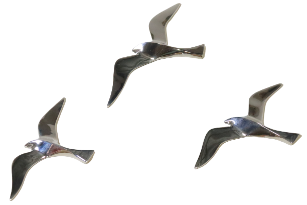 Set of 3 chrome gull birds, 15 - 20 -25 cm