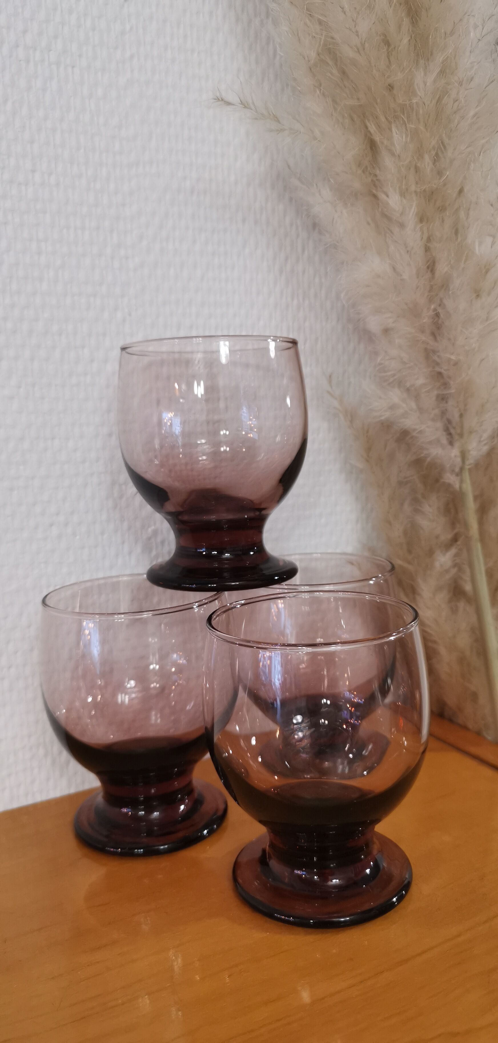 4 water glasses on foot pink purple vintage art deco