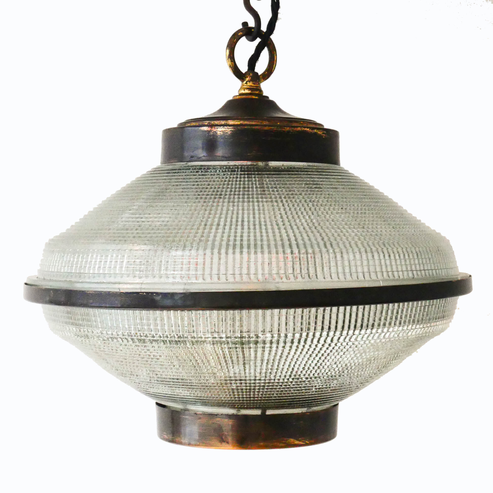 “Ellipse” pendant light in glass and patinated brass.
