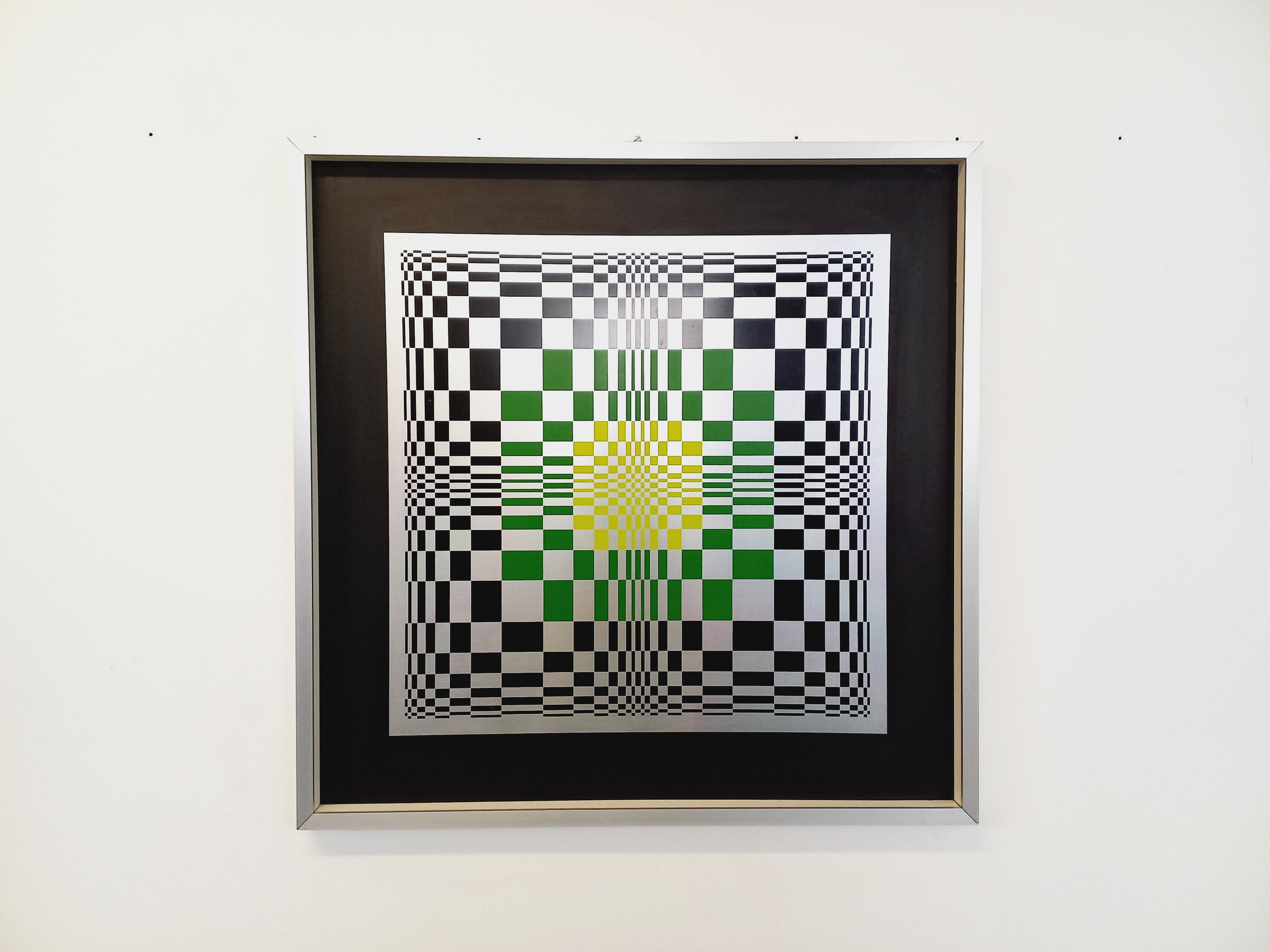 Typical silkscreen painting in kinetic checkerboard on aluminum, Italian abstract design in Vasarely style