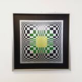 Typical silkscreen painting in kinetic checkerboard on aluminum, Italian abstract design in Vasarely style