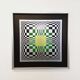 Typical silkscreen painting in kinetic checkerboard on aluminum, Italian abstract design in Vasarely style