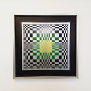 Typical silkscreen painting in kinetic checkerboard on aluminum, Italian abstract design in Vasarely style