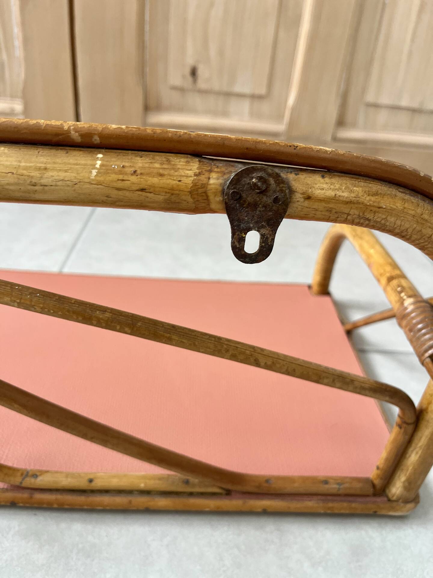 1960s rattan shelf with terracotta top