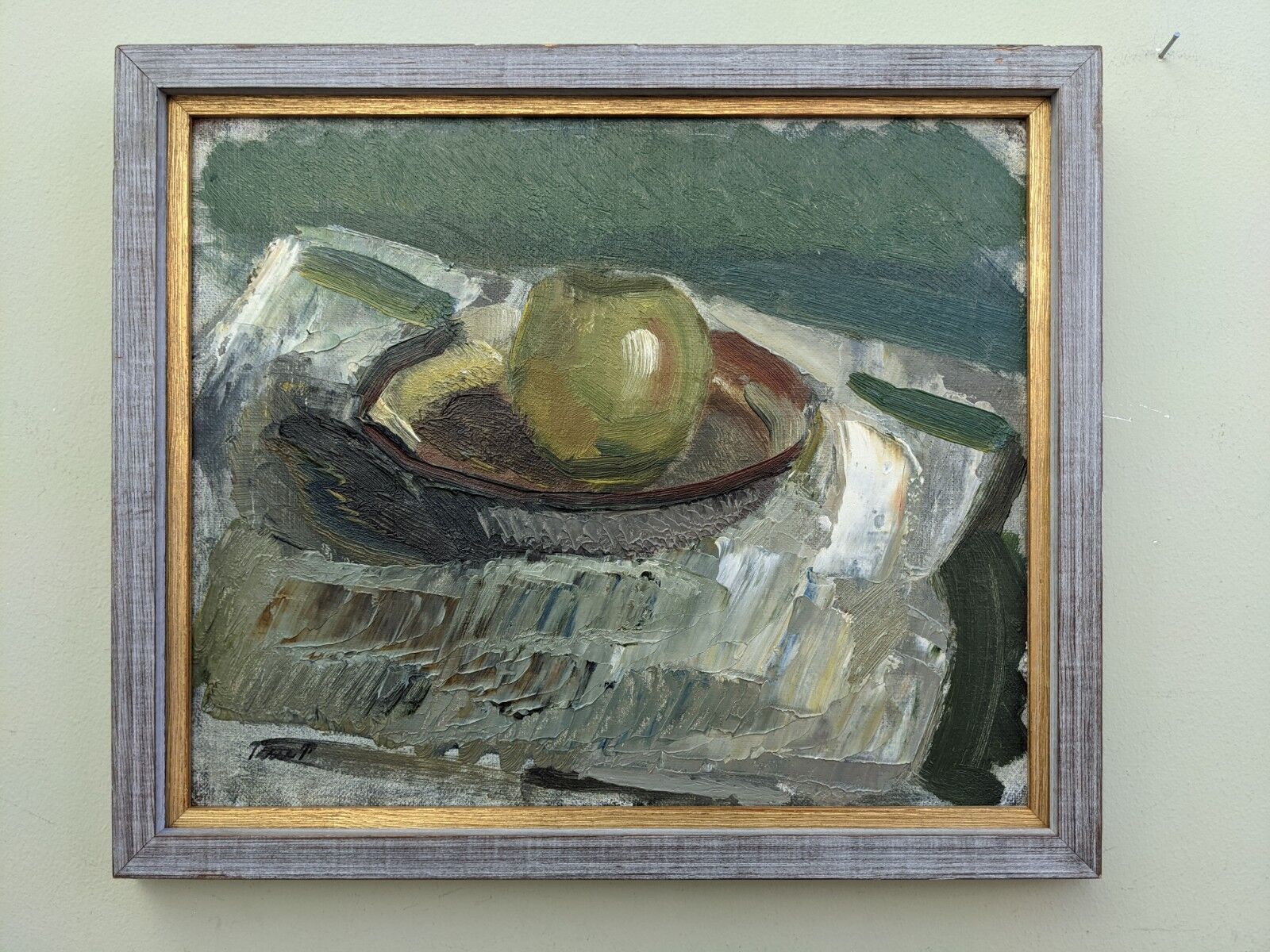 Mid-Century Modern "The Green Apple" Swedish Expressionist Still Life Oil Painting, Framed