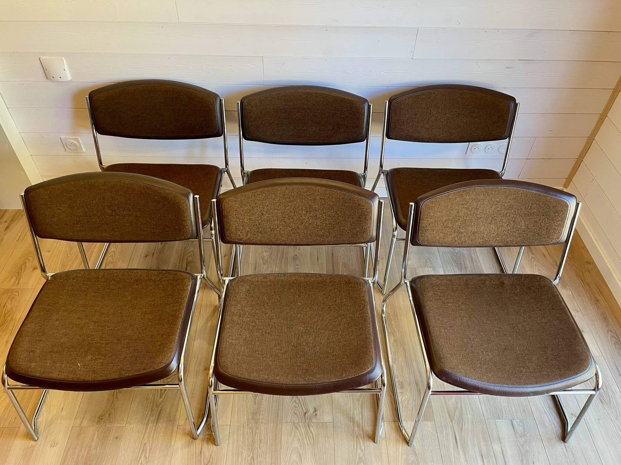 6 chrome sled armchairs Soudexvinyl brown vintage Skaï 70s