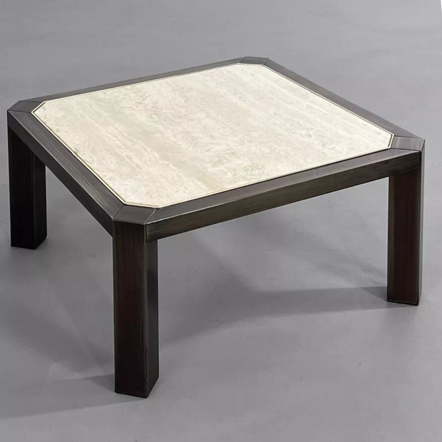 Square coffee table from the 80s in metal and travertine Belgochrome Design.