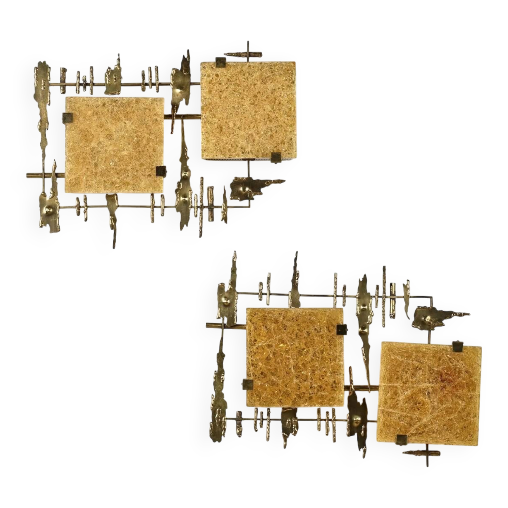 Pair of brutalist wall sconces in brass and fractal resin from the 1970s.