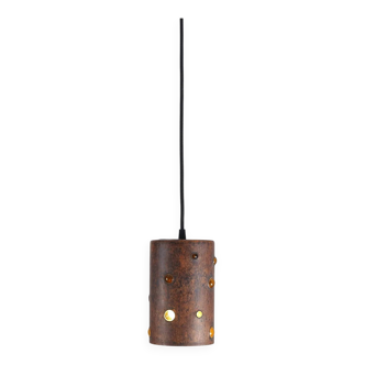 Cylindrical brutalist hanging lamp in copper / glass by Peill & Putzler