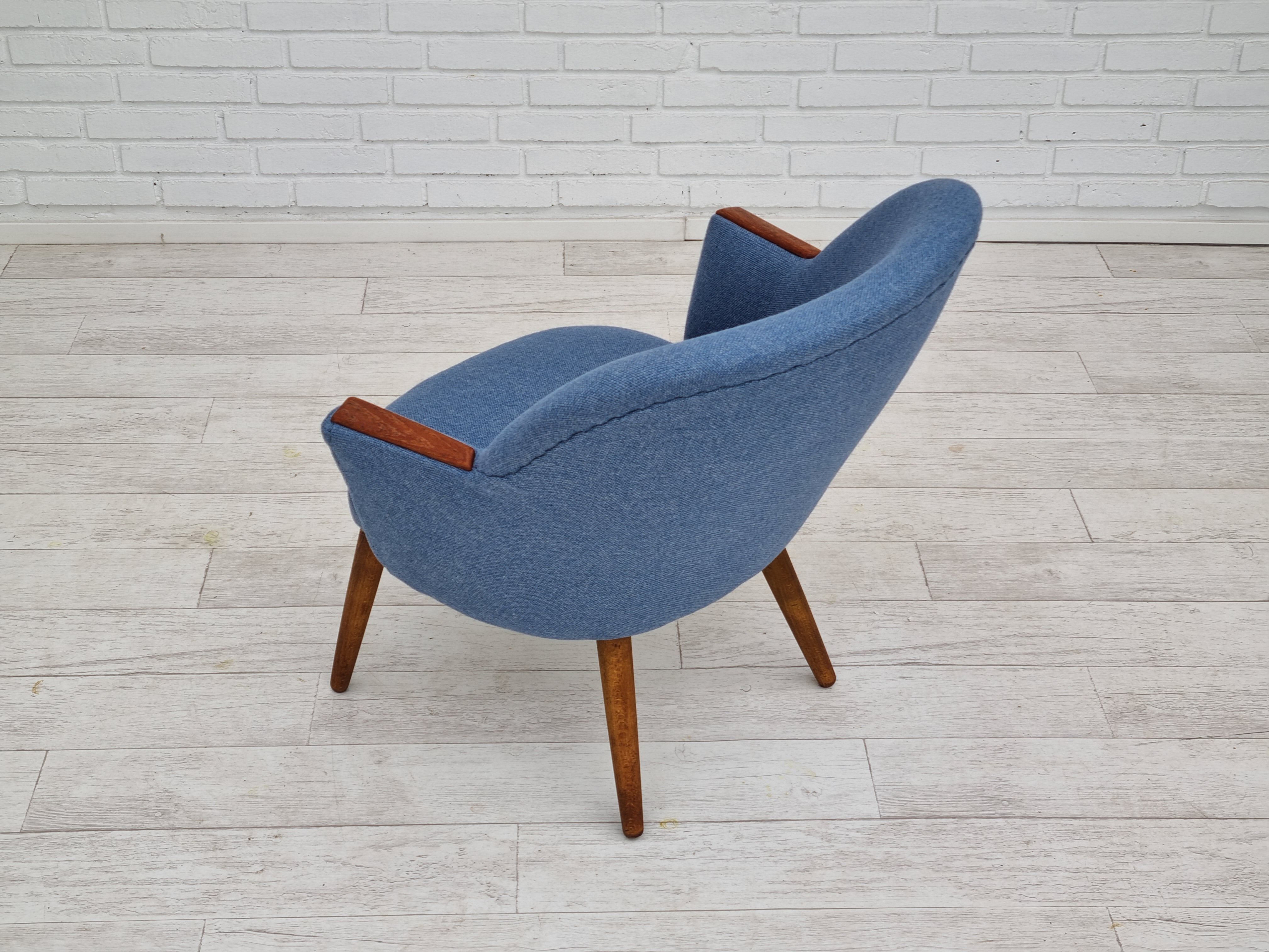 1960s, danish design, reupholstered lounge chair, camira furniture wool fabric, teak
